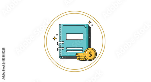 An elegant icon representing financial management or accounting, featuring a ledger book and gold coins inside a decorative circle.