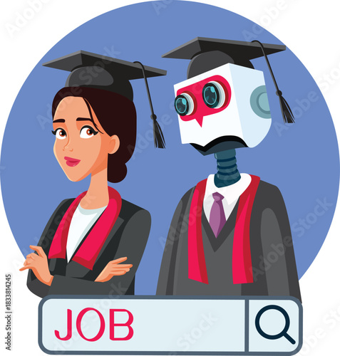 Young Graduate Losing Entry Job to Ai Vector Illustration. Student graduating fearing she will not find work because of automation 
