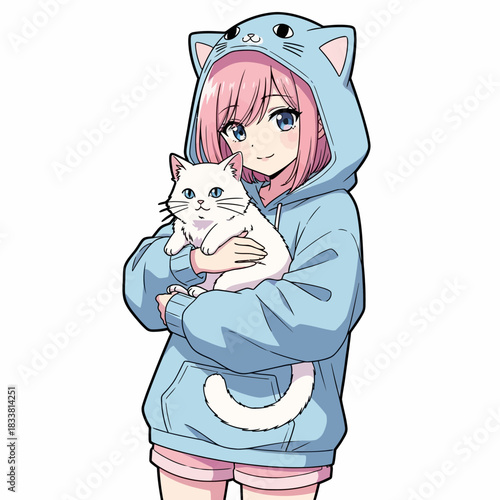 Anime girl cuddling adorable white cat in cozy cat-themed hoodie, a heartwarming and playful cartoon character illustration radiating cuteness and charm