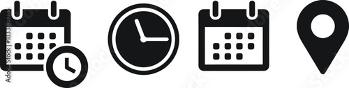 Time, date and address icon set. Calendar, clock, location. Editable stroke. Linear vector outline illustration. Vector illustration. Calendar icon Vector in flat style. Collection silhouette Eps 10
 