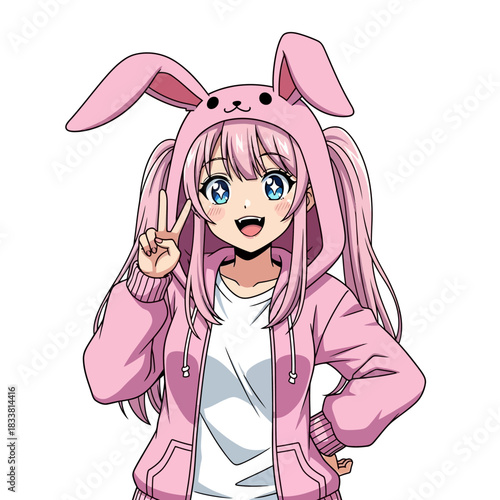 Adorable anime girl with pink bunny hoodie giving peace sign expresses youthful joy and playful energy, perfect for kawaii designs and manga illustrations