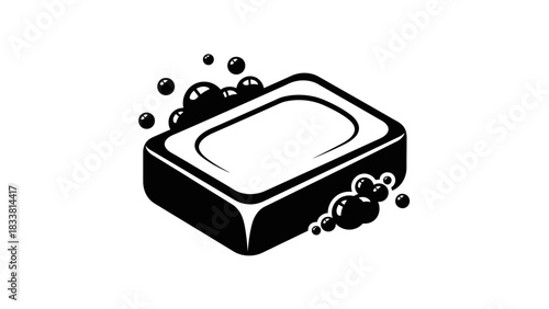 A black and white illustration of a bar of soap with suds and bubbles.