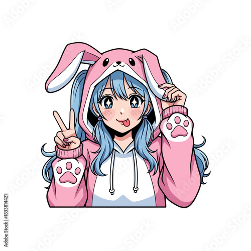 Adorable anime girl in a pink bunny hoodie making a peace sign and sticking her tongue out, kawaii and fun for playful designs and content