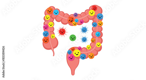 A cute and educational cartoon of the large intestine, showing the balance between good gut bacteria and harmful viruses.