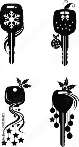 Christmas car key silhouette set holiday keyring decoration design element.