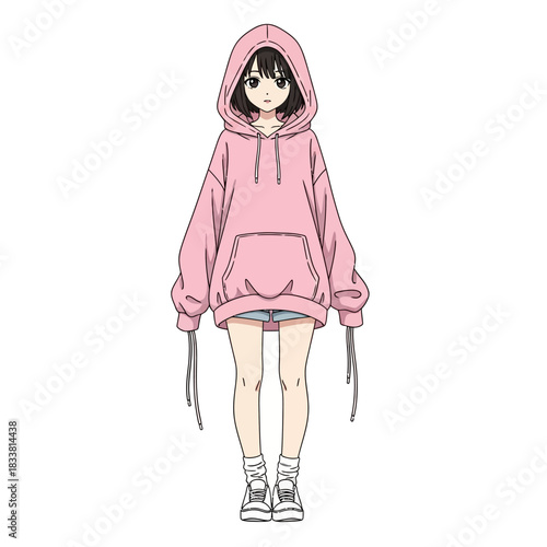 Stylish anime girl in pink hoodie exudes youthful charm and modern fashion, perfect for relatable character designs or contemporary lifestyle visuals