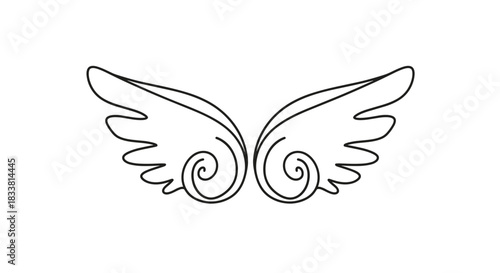A simple and elegant continuous one-line drawing of a pair of angel wings with decorative swirls, isolated on a white background.