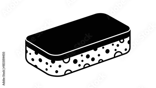A black and white graphic illustration of a rectangular cleaning sponge with a distinctive dotted pattern.