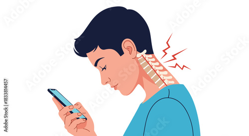 A medical illustration demonstrating the health problem of 'text neck' caused by poor posture while using a smartphone.
