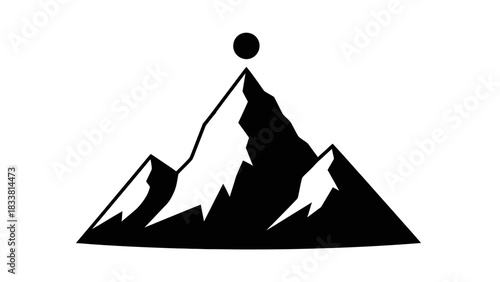 Stylized black and white illustration of a mountain range with a prominent peak and a circular sun or moon above it, depicting a serene natural landscape.