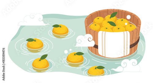 A charming illustration of a traditional Japanese yuzu bath, with citrus fruits floating in hot water and collected in a wooden bucket.