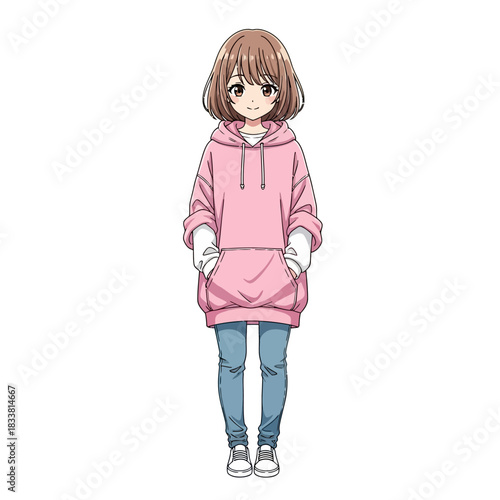 Adorable anime girl in a pink hoodie and jeans, perfect for youthful designs and vibrant character illustrations, bringing a touch of trendy kawaii charm
