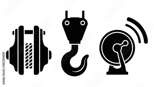 Black silhouette icons depicting industrial lifting equipment like a shackle, a crane hook, and a radar dish.