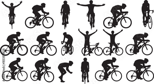Big Set of Bicycle Riders and Cyclists Black Silhouettes Vector Collection