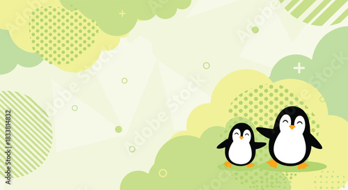A cute and playful background featuring a parent and child penguin pair against a soft green abstract and patterned landscape.