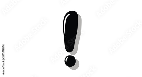 A bold, shiny black exclamation mark with a distinct shadow, creating a strong 3D effect to emphasize a point of attention.