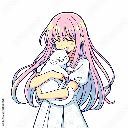 Adorable girl with pastel hair cuddling her happy white cat friend, radiating sweet youthful joy and tenderness, perfect for heartwarming stories