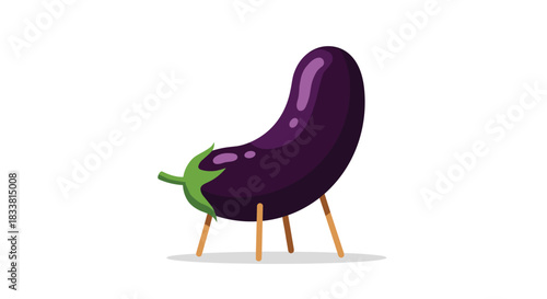 A whimsical and surreal illustration depicts a purple eggplant with four wooden stick legs, resembling a small chair or stool.
