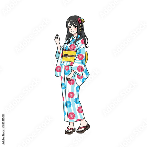 Cheerful anime girl in vibrant yukata radiates youthful charm and cultural elegance, perfect for manga, fashion, or kawaii-themed projects