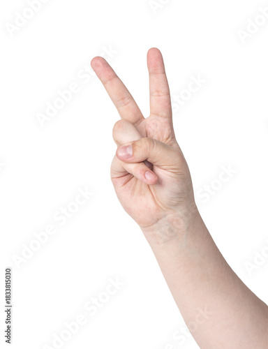Women hand with Victory or V sign, two sign isolated on white background. 