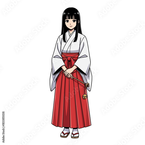 Charming Miko Character in Traditional Red and White Attire Holding a Kagura Suzu, Evoking Japanese Culture and Heritage, Perfect for Anime and Game Design