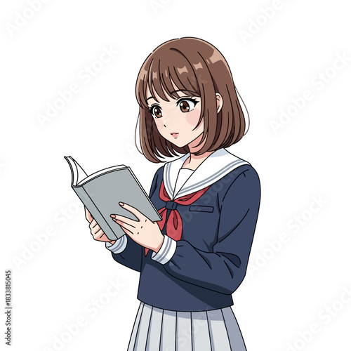 Charming anime student immersed in a captivating book, a nostalgic illustration evoking youthful curiosity and the joy of reading, perfect for educational themes
