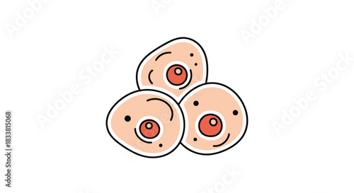 A simplified cartoon illustration depicts a cluster of three biological cells with visible nuclei, outlined in black on a white background.