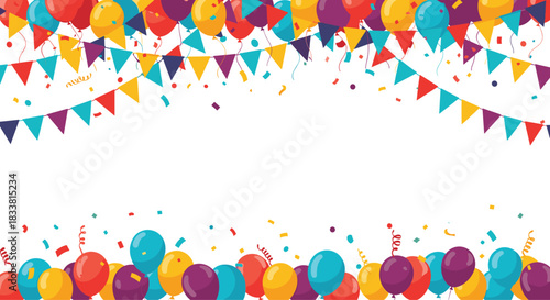 A festive celebration frame with colorful balloons, confetti, and bunting flags at the top and bottom on a white background.