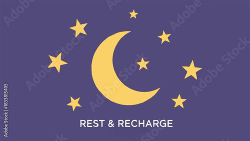 Illustrative representation of a peaceful night sky with a golden crescent moon and twinkling stars, embodying the concept of rest, relaxation, and personal rejuvenation