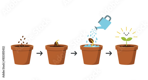 A four-step infographic illustrates the process of plant growth from sowing a seed to a happy, sprouted plant in a pot.