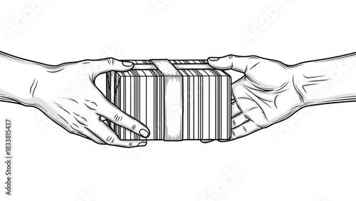 Two hands exchanging a large stack of bundled money, illustrating a transaction or payment.