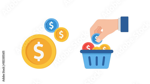 Money Management and Savings Concept - Hand Adding Coins to Basket with Scattered Coins