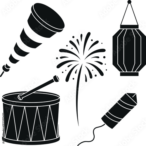 Black silhouette party celebration objects on white background