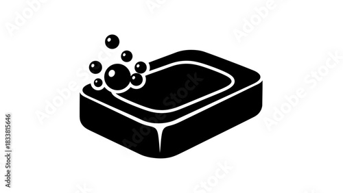Black silhouette of a bar of soap with suds and bubbles, symbolizing cleanliness and hygiene.