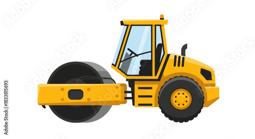 Bright Yellow Road Roller Compactor Machine Vector Illustration for Construction and Roadwork