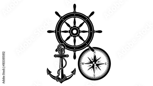Nautical symbols featuring a ship's wheel, anchor, and compass in a black and white illustration.