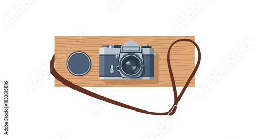 A classic vintage film camera with its lens cap and leather strap is beautifully presented on a wooden surface, evoking timeless photography.
