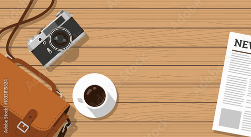 A vintage camera, leather bag, hot coffee, and newspaper are artfully arranged on a warm wooden surface, perfect for illustrating travel, news, or morning routines.
