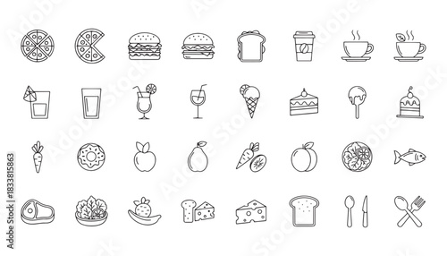 Fast Food Icon Set — Burger, Pizza, French Fries, Fried Chicken and Snack Icons in Editable Stroke Style