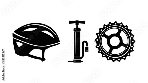 Black silhouettes of essential cycling accessories including a helmet, pump, and gear on a white background.