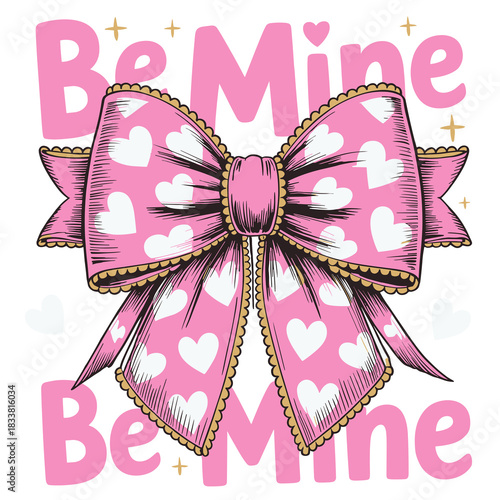 Charming Be Mine Valentine's design featuring a pink bow adorned with white hearts, perfect for festive celebrations and romantic expressions of love and affection