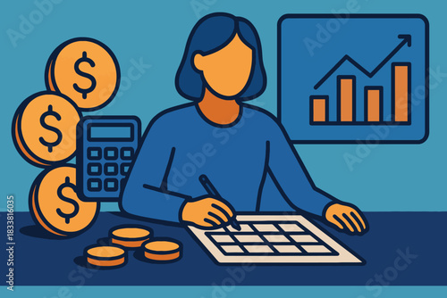 Woman calculating finances with coins calculator and growth chart