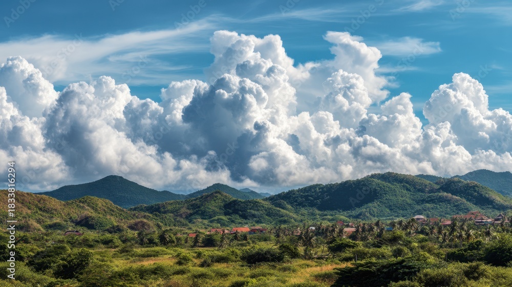 Fototapeta premium Lush green hills stretch across the landscape under a vibrant blue sky filled with puffy white clouds. The scene captures the serene beauty of nature.