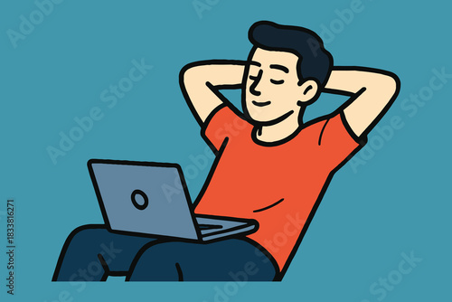 Man relaxing with laptop on his lap hands behind head smiling