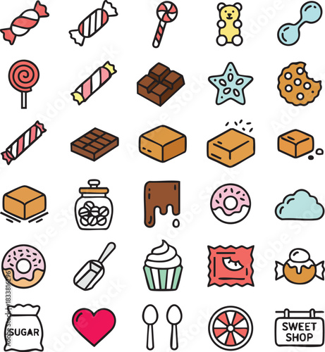 Candy and chocolate desserts flat line vector icon set sweet food collection confectionery snacks cafe menu elements design