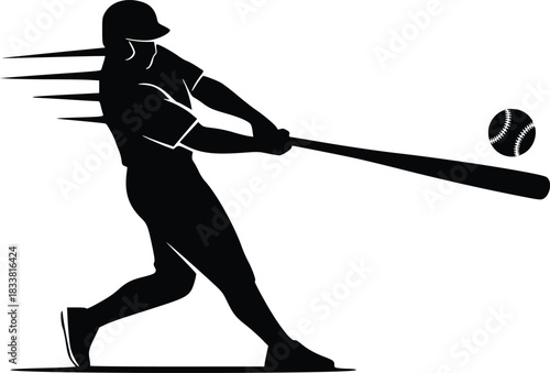Baseball player silhouette hitting ball, showing speed and power