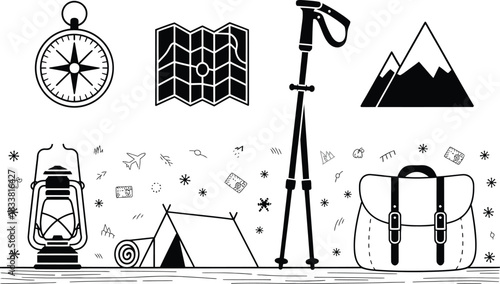 Camping and Hiking Adventure Gear Icons