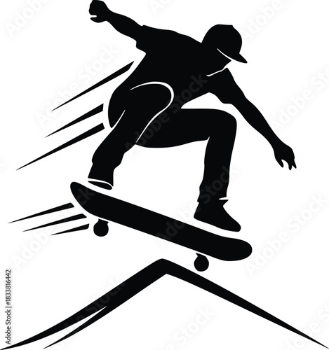 Skateboarder silhouette performing a jump with motion lines