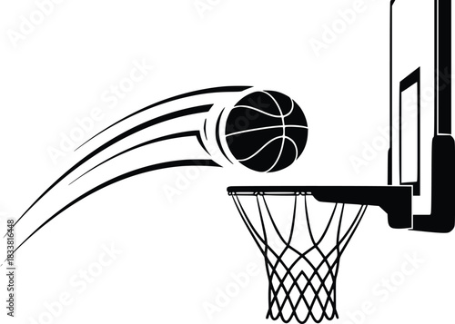 Basketball soaring toward hoop with motion blur vector graphic