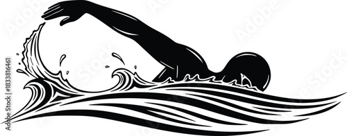 Swimmer silhouette performing crawl stroke through water waves